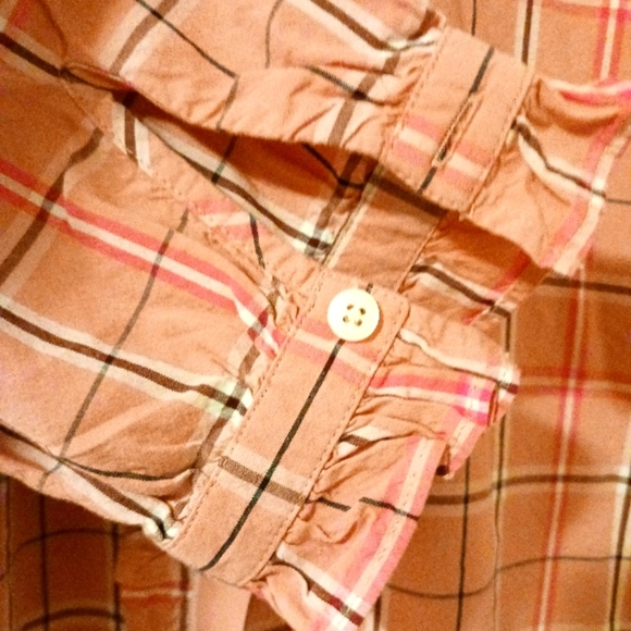 LOFT Women's Plaid Ruffle Long Sleeve Button Down Shirt Pink - Picture 6 of 10